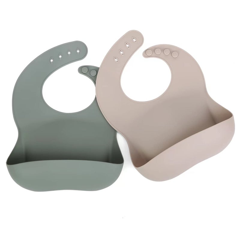 Ginbear Silicone Bibs for Babies, Waterproof Adjustable Silicon Rubber Baby Feeding Bibs with Food Catcher Pocket for Toddlers 6 Months+ (Dark Sage/Almond) - Image 1